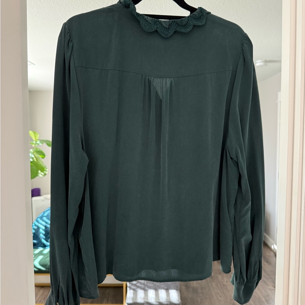 Sézane Chloé Bottle Green 100% Silk Blouse - Picture 2 of 2